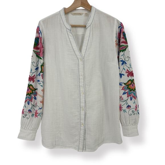 Soft Surroundings Floral Beaded Boho Gauze Button Shirt Size Medium V Neck - Picture 1 of 8